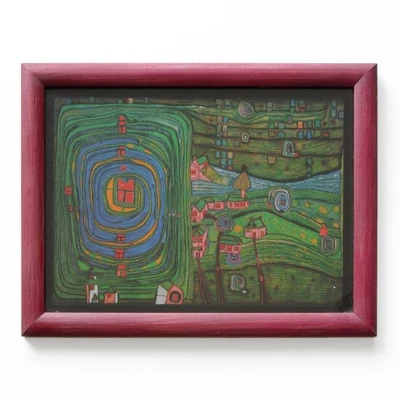 Hundertwasser Kunstdruck Bild in Holz-Bilderrahmen rot 36,7x28,3cm Klarglas - Bild 1 von 3