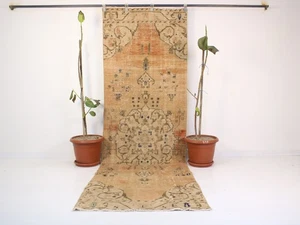 Vintage Turkish Runner Rug 3.1 x 9.9 ft – Handwoven Orange Beige Oushak Carpet - Picture 1 of 10