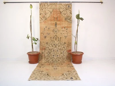 Vintage Turkish Runner Rug 3.1 x 9.9 ft – Handwoven Orange Beige Oushak Carpet - Image 1 of 4