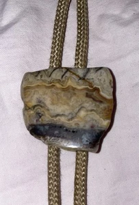 Vintage Bolo Tie Banded Tan Agate Stone Western Rodeo Wear w/ Stones On End - Picture 1 of 7