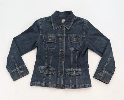 Jaqueta jeans feminina J.Jill tamanho S azul manga longa botão para cima lavagem escura - Imagem 1 de 4