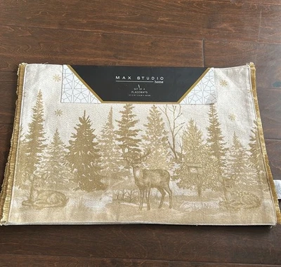 4 Max Studio Home Christmas Reindeer Evergreen Trees Placemats Beige Gold New - Image 1 of 2