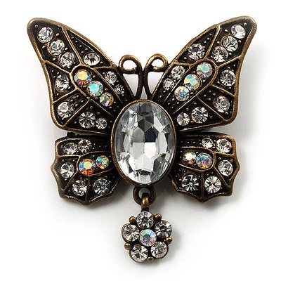 Vintage Butterfly With Dangling Floral Tail Brooch (Antique Bronze Tone) - Imagem 1 de 4
