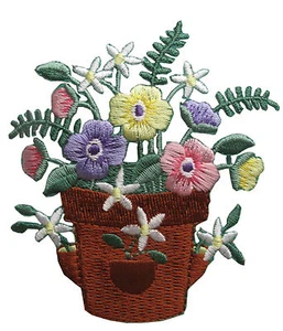 #4129 3-1/4"H Wild Flower w/Brown Pot Embroidery Iron On Applique Patch - Picture 1 of 1