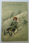 Merry Noel Merry Christmas. Card Antique Embossed Child And Sledge