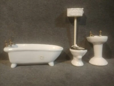 B Shackman & Co. Dollhouse Porcelain Bathroom Fixtures -Sink Bathtub High Toilet - Image 1 of 4
