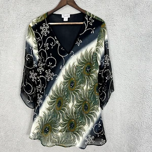 JMB Signature Top Womens 1X Black Floral Peacock Sequin V Neck Art Boho Fairy - Picture 1 of 8
