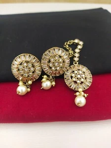 Indian Jewelry Earring Tops Tikka Set Gold Mehandi Plated Tops Earring Tikka Set - Picture 1 of 1