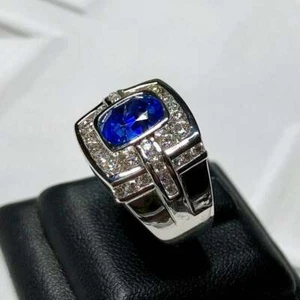 4.40CT Blue sapphire & CZ Royal Certified 935 Silver Men's Fashion Jewelry Ring - Picture 1 of 8