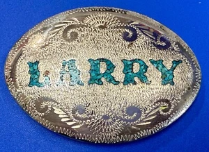 Custom Name LARRY Inlaid Turquoise Chip Ornate Western Belt Buckle - See Dent - Picture 1 of 18