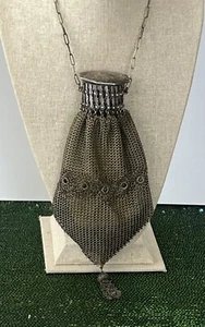 Antique Chatelaine German Silver mesh expandable neck Purse w engraved cover - Picture 1 of 6