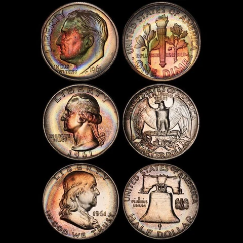 3 Coin 1961 US Silver Proof Set, PCGS Secure- Pretty Rainbow Toned Cover