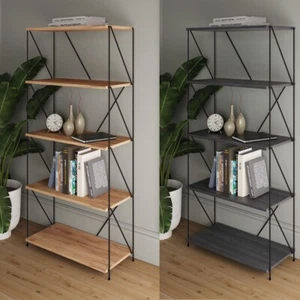 Librería industrial de 5 niveles de madera y metal para sala de estar para estanterías - Imagen 1 de 13