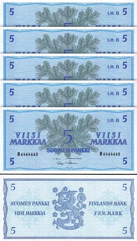 Finland 5 Markkaa 1963, UNC, 5 Pcs LOT, Consecutive, Litt B, P-106Aa Cover