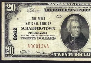 🇺🇸PA 1929 $20 ♚♚SCHAEFFERSTOWN, PENNSYLVANIA♚♚ PMG VF 25 HARD TO FIND!!! - Picture 1 of 3