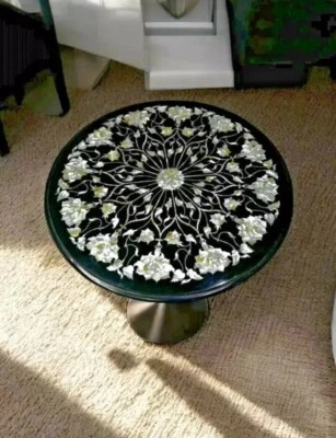 Round  Black Marble Coffee Table – Mother of Pearl Inlay Floral Art - Image 1 of 4