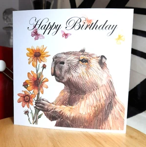 Capybara giving you flowers Happy Birthday Blank 14.4 cm square - Picture 1 of 1