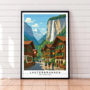 Póster impresión ilustración sin marco Lauterbrunnen Suiza pueblo de arte - Imagen 1 de 2