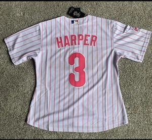 NWT Women’s Ladies Nike Bryce Harper Phillies Home Pink Pinstripe Jersey 3XL - Picture 1 of 5