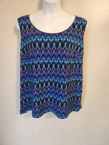 Camiseta sin mangas Catherines negra azul estampado geométrico hippie boho 2X 22 24 - Imagen 1 de 4