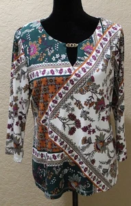 Calvin Klein Women's M Multi-Color Printed Knit Top Embellished Keyhole Neck - Picture 1 of 15