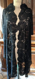 Châle, écharpe, mantille ancienne en dentelle noire 240 cm - Imagen 1 de 6