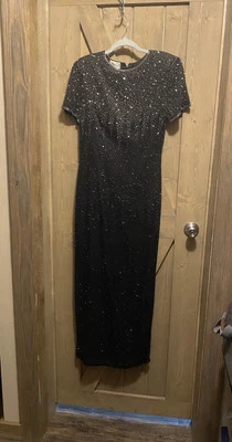 Maxi Vestido Formal Stenay de Seda Negro Lentejuelas Cuentas Manga Corta Talla 10 Vintage Años 80 Foto 1 de 4