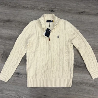 Pullover Polo Ralph Lauren tejido con cable con cremallera, blanco y beige, unisex, talla XL Foto 1 de 4