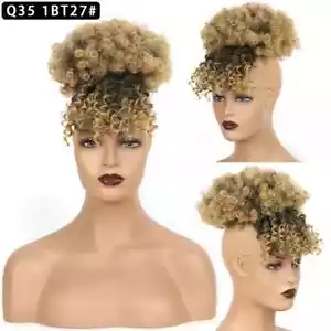 Blonde 27# African Short Afro Kinky Curly Ponytail Hair Extension Bun With Bangs - Picture 1 of 3