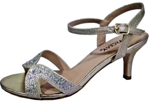 NEW GOLD SHIMMER LADIES PARTY LOW HEEL PROM WEDDING DIAMANTE SANDALS UK 4 - Picture 1 of 1