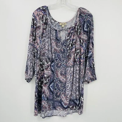 One World Paisley Mixed Print Tunic Top Size 1X Keyhole Stretch 3/4 Sleeve - Image 1 of 4