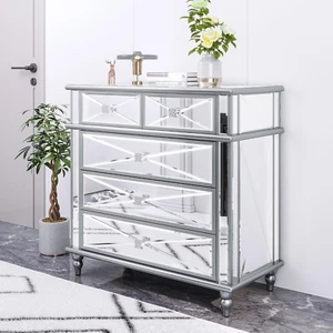 Silver Mirrored 5 Drawer Dressers for Bedroom - 35" Accent Chest with Drawers, w - Picture 1 of 8