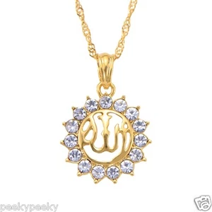 Vergoldete muslimische Gott Allah Islam Anhänger Halskette Medaillon Kette Schmuck Kristall - Bild 1 von 3