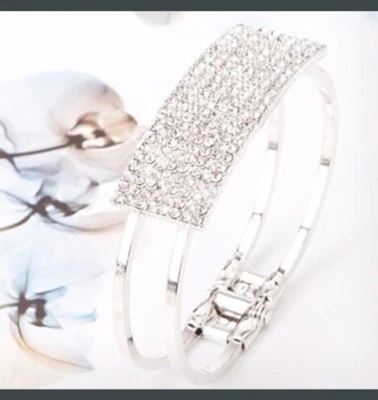 Silver Plated Bangle Wristband Bracelet Crystal Cuff #1016 - Image 1 of 2