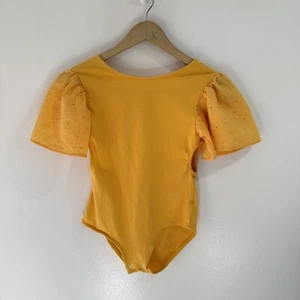 Zara Bodysuit Shirt Girls 13-14 L Yellow Eyelet Lace Sleeves Boho Stretch - Picture 1 of 7