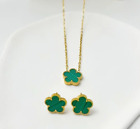 Green Enamel Clover Gold Plated Flower Charm Chain Necklace Earrings Matching