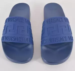 NEW Versace Men's Logo Greca Key Rubber Pool Slides Sandals Size 42 9 BLUE - Picture 1 of 11