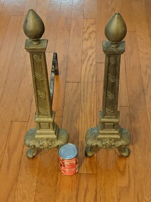 Ancien Orné Lourd Laiton Colonne Grec Fédéral Style Andirons 66cm Grand - Photo 1/4