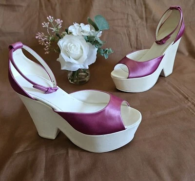 Salto cunha feminino Celine rosa cetim tamanho 6 (EDIÇÃO LIMITADA) - Imagem 1 de 4