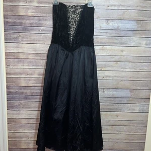 Vintage 90's Strapless Tea Length Black Formal Dress Size 9/10 Satin Velvet Lace - Picture 1 of 5