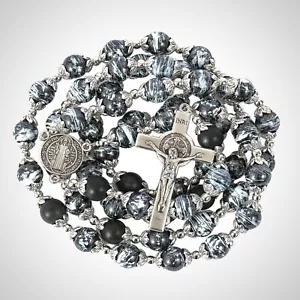 Saint St Benedict Rosary Black Glass Agate Beads Necklace Protection Medal Cross - Picture 1 of 7