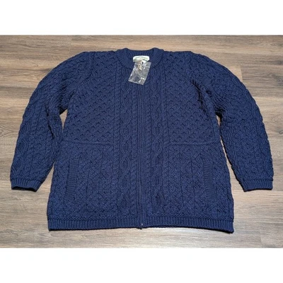 Aran Crafts 海军蓝 100% 美利奴羊毛电缆针织全拉链开衫毛衣 L — 第 1/4 张图片