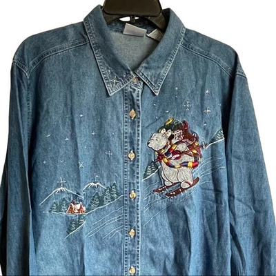 VTG Bobbie Brooks Woman 18/20W Denim Shirt Holiday Embroidered Polar Bear Star Foto 1 de 4