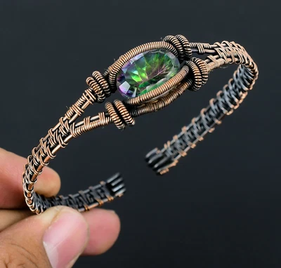 Mystic Topaz Handmade Gemstones Copper Wire Wrap Bangle Adjustable Jewelry Foto 1 de 4