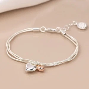 POM Silver Plated Triple Chain Heart charm Bracelet - Free Gift Bag - Picture 1 of 5