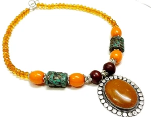 Banjara Tribal STONE Pendant Resin Tibetan Metal Necklace Handmade STATEMENT - Picture 1 of 5