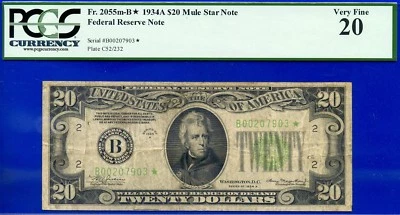 1934A $20 Federal Reserve Note PCGS 20 rare PMG graded 16 mule star Fr 2055-Bm* - Image 1 of 3