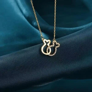 Titanium Double Kissing Fish Pave Cubic Zirconia Gold Pendant Chain Necklace - Picture 1 of 2