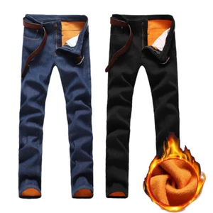 Men Denim Pants Jeans Fleece Lined Straight Trousers Thick Winter Casual - Picture 1 of 11