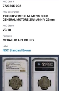 RARE 1933 SILVERED General Motors Mens Club Medal 25th Aniv 29mm NGC VG10 CB1135 - Bild 1 von 8